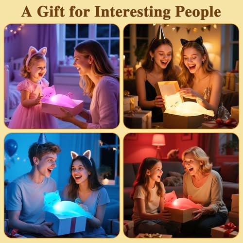 Lying Flat Cat Lamp Funny Gifts, 16 Colors+5 Dimming+Silicone Random Stuff, Touch+Remote+Recharge Night Light for Kids, Co...