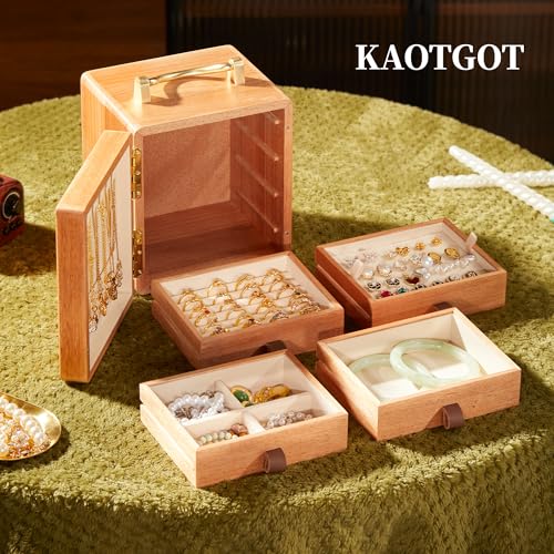 KAOTGOT Wooden Jewelry Box for Women Walnut Wooden Jewelry Box with handle 4-Tier Jewelry Organizer for Rings, Necklaces