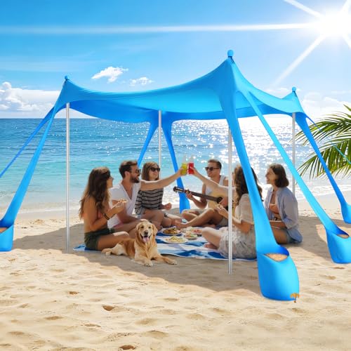 Beach Tent Sun Shelter UPF 50+,10x10 FT Beach Canopy Tent Sun Shade,Pop Up Beach Canopy with 8 Sandbags, Outdoor Beach Sha...