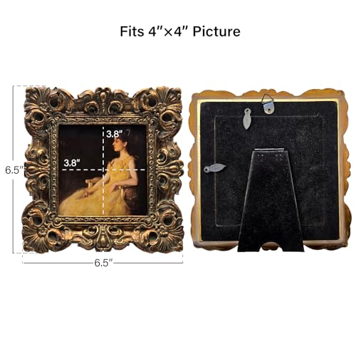 CISOO 4x4 Vintage Small Picture Frame, Antique Ornate Bronze Gold Square Photo Frame, for Table Top and Wall Display, Deco...
