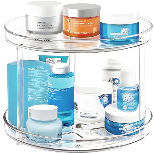 2 Tier Lazy Susan Bathroom Organizer, 9.25Inch Clear 360 Rotating Makeup Organizer for Vanity, Skincare Organizers Perfume...