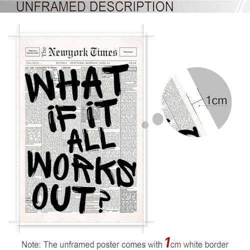 Drimiler Retro Black And White Newspaper Poster What If It All Works Out Canvas Wall Art Positive Affirming Quote Minimali...