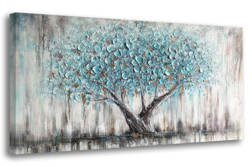 Arjun Tree of Life Wall Art Canvas for Living Room Blue Tree Nature Teal Painting, 50% Hand Painted Textured Picture Bedro...