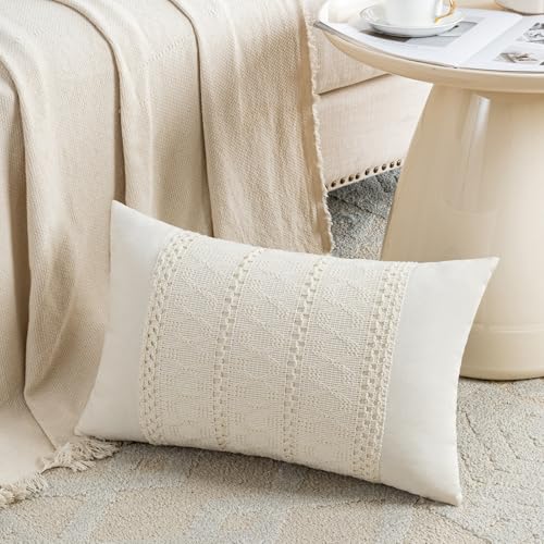 Fancy Homi Set of 1 Boho Cream Lumbar Decorative Throw Pillow Cover 12x20 Inch for Couch Bed Sofa Chair, Modern Organic Fa...