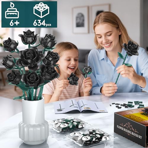 Black Rose Building Blocks Set for Kids, 634PCS Flower Bouquet Brick Toy, Romantic Gift for Girls, Women, Valentine's Day,...