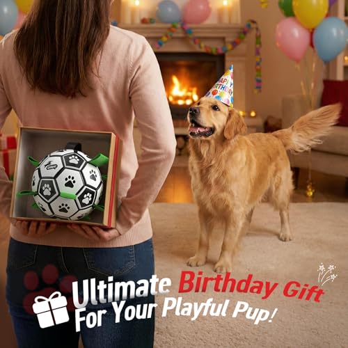 QDAN Dog Toys Dog Balls, World Cup Dog Soccer Ball with Straps, Dog Birthday, Herding Ball, Durable Balls for Small Medium...
