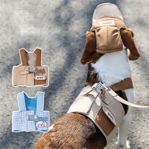 ETOSEM Dog Harness with Hat Set, Blue Gingham Pattern, Adjustable Safety Buckle and Leash Attachment (Brown, Large(8-12lb))