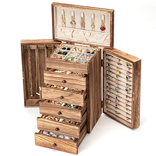 Poyilooo Jewelry Boxes for Women Girls, 9"x 5.9"x 12" Wooden 5-Layers Jewelry Organizer and Storage with Drawer, Suitable ...
