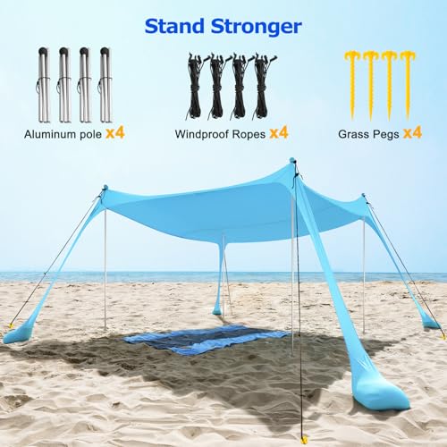 COMMOUDS Beach Tent Sun Shelter - UPF50+ Pop Up Beach Canopy with Sandbags & Sand Shovel & Windproof Poles, Portable Sun S...