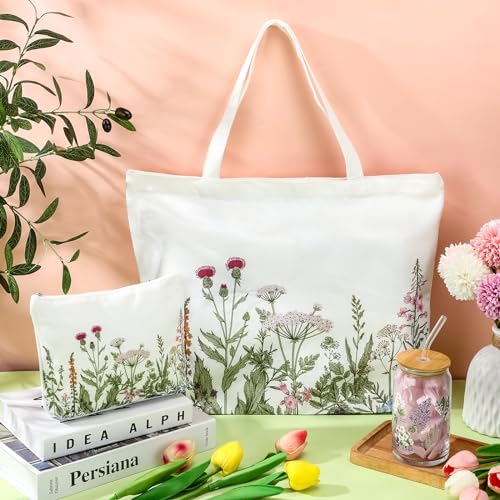 FoldTier 3 Pcs Plant Lover Gift for Mother's Day, Spring Aesthetic Gift for Women, Floral Canvas Tote Bag, 16 oz Coffee Cu...