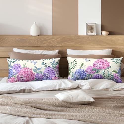 Kwlegh Pink Hydrangea Lumbar Pillow Covers Spring Flowers Outdoor Pillow Covers 12x20 Set of 2 Purple Pink Hydrangea Eucal...