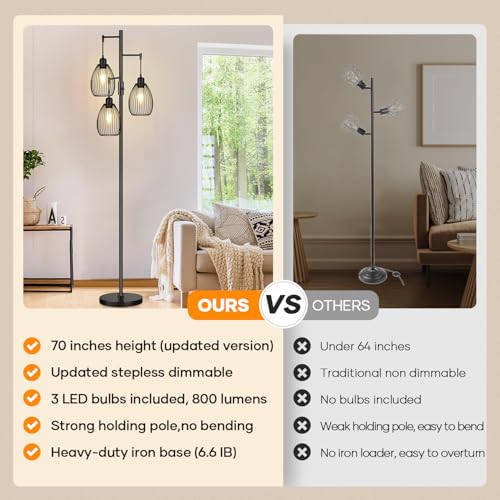 Dimmable Floor Lamp, 3 x 800LM LED Edison Bulbs Included, Farmhouse Industrial Floor Lamp Standing Tree Lamp with Elegant ...