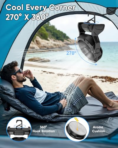 Portable Rechargeable Fan, 20000mAh Battery Powered Camping Fan with LED Light & Hook, 270° Adjustable, 4-Speed,4-Timer Ca...