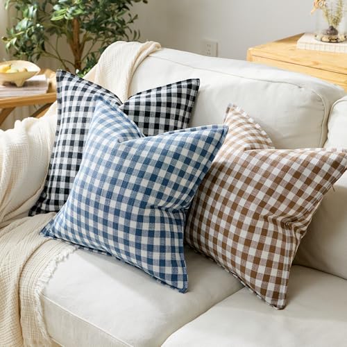 KINDREX Farmhouse Gingham Throw Pillow Covers 18x18 Set of 2, Small Checkered Linen-Textured Cushion Covers with Flanged E...