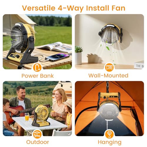 Electactic Rechargeable Camping Fan with 10000mAh Battery, 100-Speed Adjustable, 3-in-1 Desk & Hanging Fan, Timer & Night ...