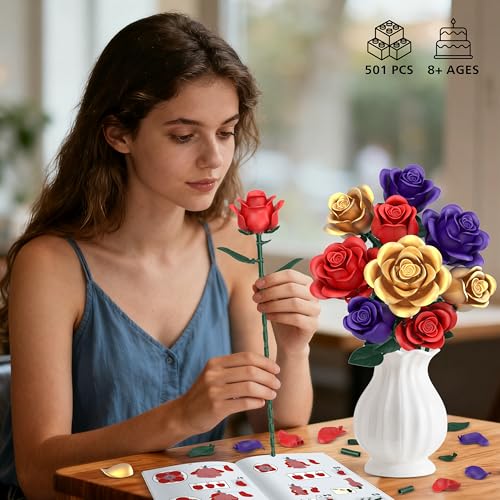 Rose Bouquet Flowers Building Set, 501Pcs Red Purple Golden Roses Artificial Flowers Botanical Collection Compatible with ...