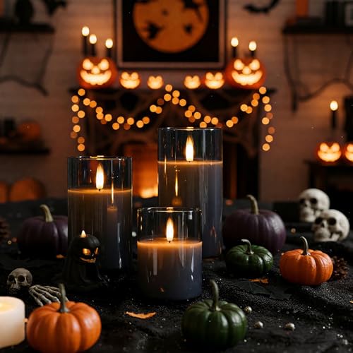 Homemory Grey Glass Flameless Candles, Battery Operated LED Pillar Candles with Remote Control and Timer, Radiance Candle...