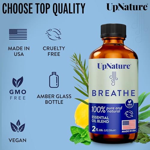 UpNature Breathe Essential Oils Blend (Large 2oz) Breath Relief Eucalyptus and Menthol Blend - Essential Oils for Diffuser...
