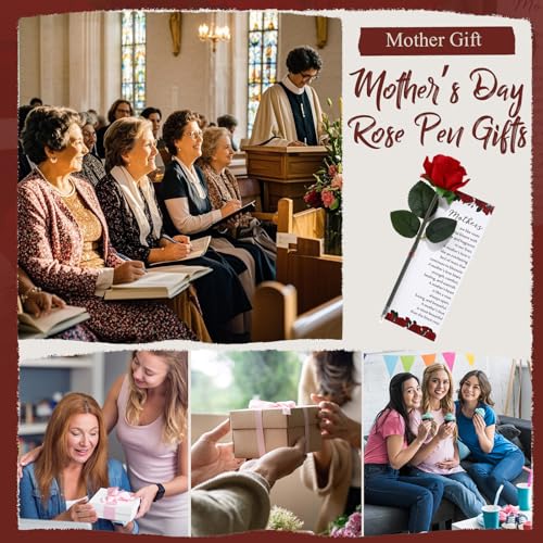 Sayglossy 12 Sets Rose Pen Mother's Day Gifts Artificial Red Flower Ballpoint Pens with Inspirational Praise Card Rose Par...