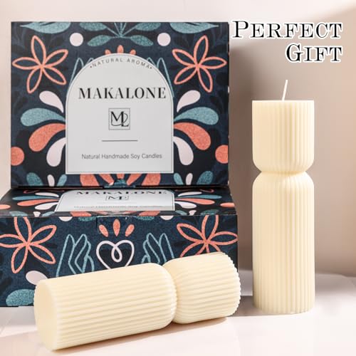Aesthetic Sandalwood Scented Candles,Ribbed Pillar Candle Set of 2 (7.87" & 9.05" Tall), Natural Soy Wax Minimalist Geomet...