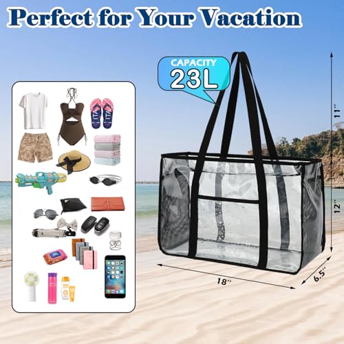 Fammart Clear Beach Bag for Women, Large Pool Tote Cruise Vacation Essentials - Zipper Closure, Waterproof, Sandproof