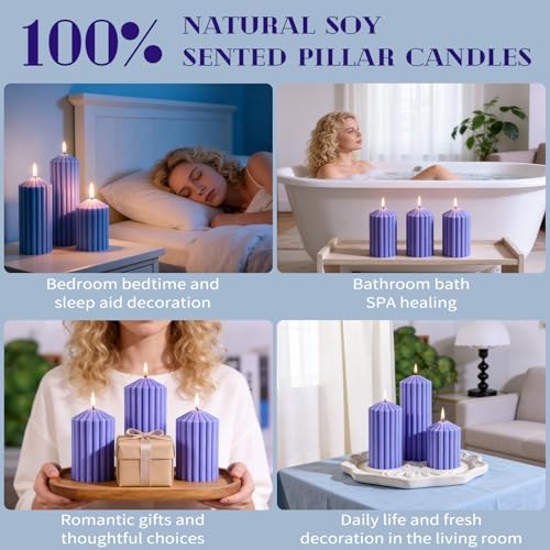 Purple Ribbed Pillar Candles Set of 3 - Lavender Scented Soy Wax Candles for Stress Relief & Sleep,Aesthetic Textured Deco...