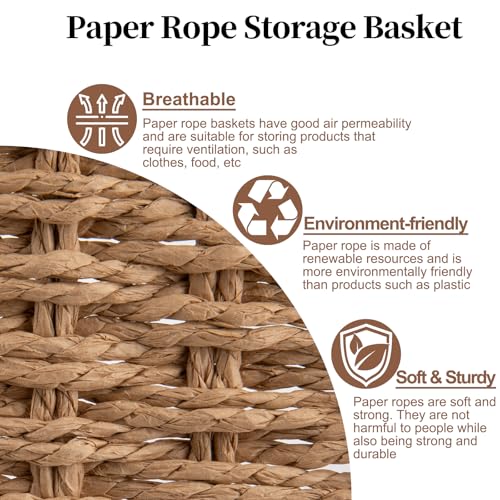 OIAHOMY Wicker Storage Basket, Rectangular Paper Rope Shelf Baskets with Built-in Handles, Woven Decorative Organizer for ...