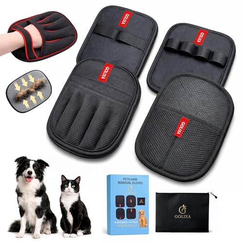 GOLIXA 4 Pack Pet Hair Removal Glove for Dogs & Cats, 4 Designs Electrostatic Magic Brush Pet Hair Remover, Reusable Dog H...