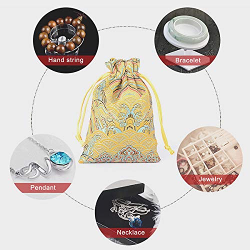 PINOWU 10pcs Silk Brocade Jewelry Pouch Bag 4x5.5 for Wedding Party Favors, Drawstring Coin Purse Embroidered Sachet Candy...