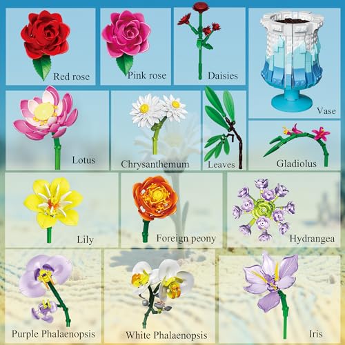 Mavo brix Flower Building Set with Vase, Artificial Botanical Flower Set for Adults Women, Home Décor Display, Romantic Gi...
