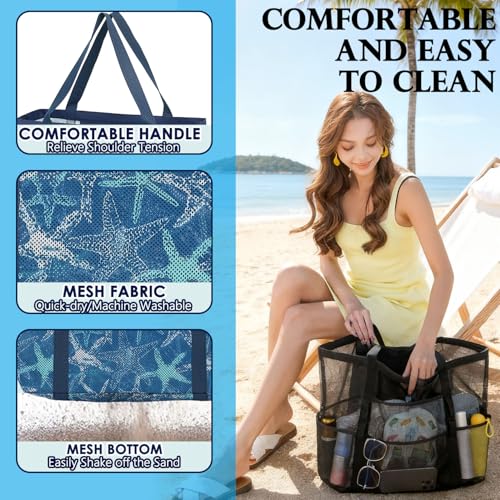 Fammart Mesh Beach Bag for Women, Large Beach Toy Pool Bag with Zipper Pocket, SandProof Cruise Essentials 2026 Family Travel
