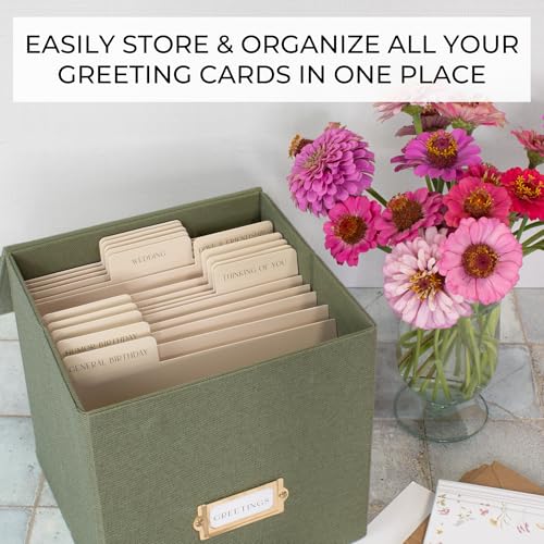 ZICOTO Beautiful Greeting Card Organizer Box With Dividers - Sturdy Linen Storage Box Easily Organizes All Your Greeting C...