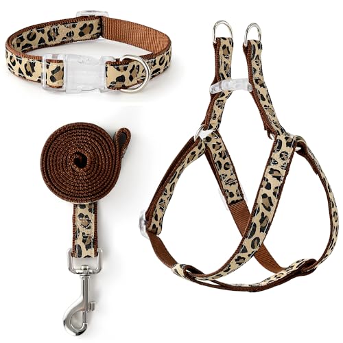 Mile High Life Leopard Dog Harness Collar Leash Set, Adjustable No Pull Dog Halter Harness for Small Breed Dogs, Easy Cont...