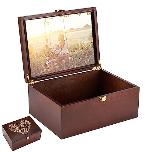 Larger Wooden Memory Keepsake Box with Hinged Lid & 8x10 Photo Frame Inside Lid – Decorative Storage Box With a Hinge Lids...