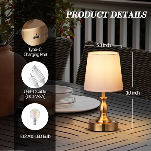 PARTPHONER Mini Cordless LED Table Lamp, 5200mAh Rechargeable Battery Operated Lamp, 3-Level Brightness, Touch Dimmable De...