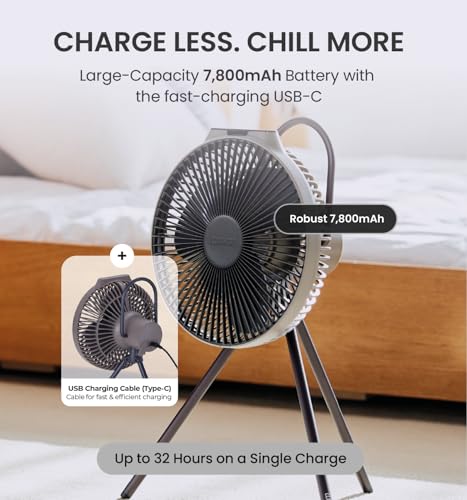 Claymore V600+ Warm Gray Rechargeable Portable Fan – 7,800mAh Battery, 4-Speed BLDC Ultra-Quiet Air Circulator USB-C Charg...