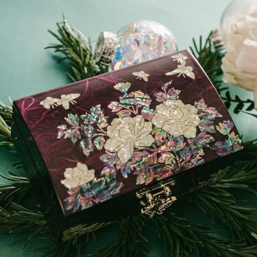 February Mountain Mother-of-Pearl Jewelry Box – Elegant Purple Lacquered Keepsake with Peony & Butterfly Design, Red Velve...