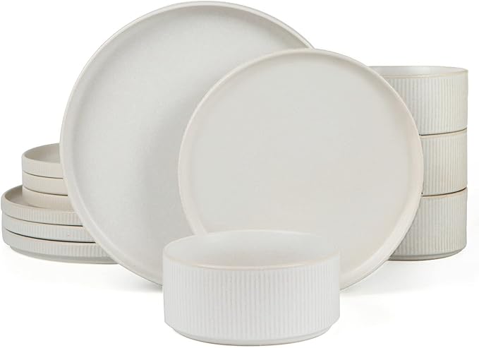 Famiware Star Dinnerware Sets, Plates and Bowls Set for 4, 12 Pieces Ribbed Dishes - Chip and Scratch Resistant, Microwave...