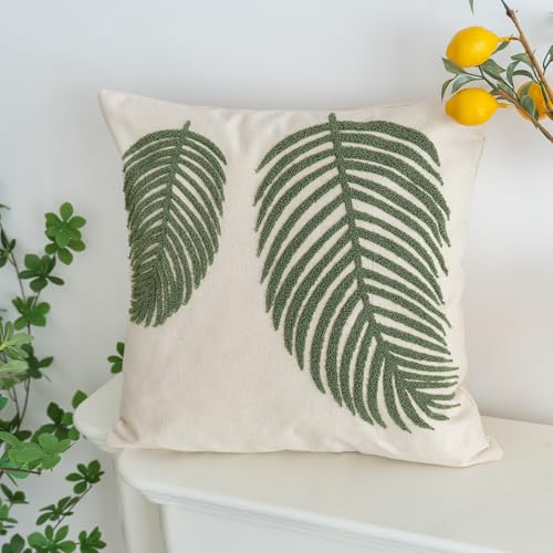 VANNCIO Linen Green Leaf Throw Pillow Cover, Square Pillowcase with Tufted Tropical Palm Leaves, Modern Decorative Cushion...