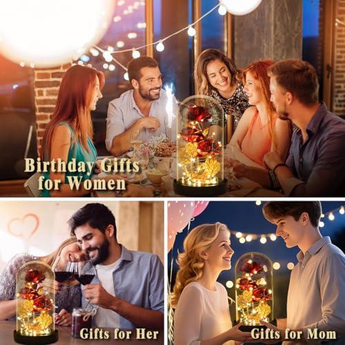 Mothers Day Flower Gifts for Mom,Wife,Mother Rose Galaxy Flower Red Rose in Glass Dome,Light Up Rose Flowers with 2 Lighti...