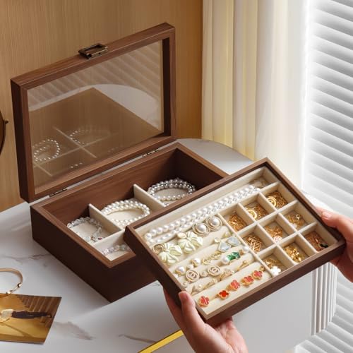 QINGTUHOME 2-Layer Glass Lid Walnut Jewelry Box for Women, Vintage Style Solid Wood Jewelry Organizer and Display Case, Id...
