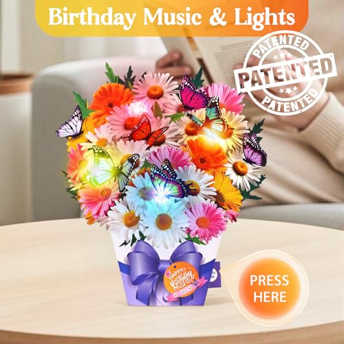 APOTODITO Birthday Cards, Butterfly & Daisy Birthday Card with Music and Light, Flower Bouquet 3D Card for Women Mom Wife