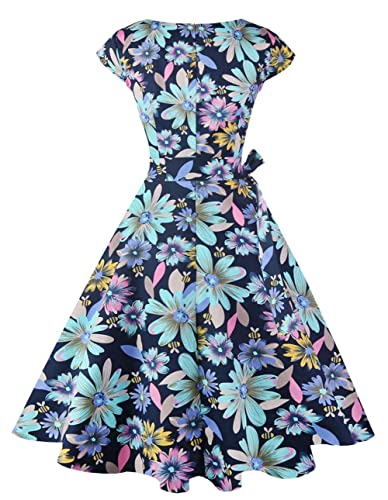 PUKAVT Women's 1950 Boatneck Cap Sleeve Vintage Swing Cocktail Party Dress with Pockets