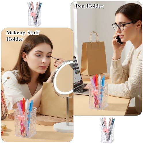 Hecila Makeup Brush Holder Pen Holder for Desk Acrylic Makeup Brush Holderswith Woven Texture Pencil Organizer with Bow El...