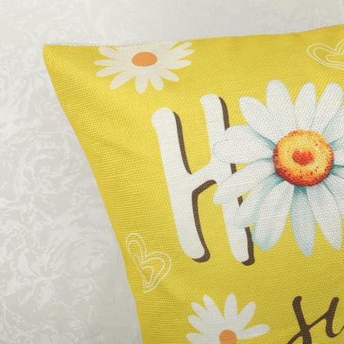 Bonhause Gnomes Daisy Floral Throw Pillow Covers 18x18 Inch Set of 4 Spring Summer Flowers Truck Love Lives Here Yellow Ou...