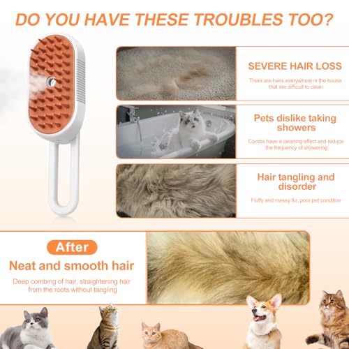Steam Brush for Cat & Dog – 3-in-1 Spritz Pet Spray Hair Removal Comb for Grooming & Shedding Steam – Water Brush for Long...