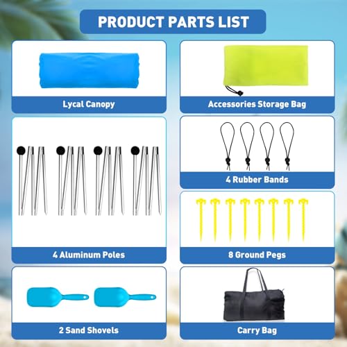 Wabolay Beach Tent Sun Shelter 10x10ft Beach Canopy Easy Pop Up Sun Shade Portable UPF50+ with 8 Sandbags-2 Sand Shovel-4 ...
