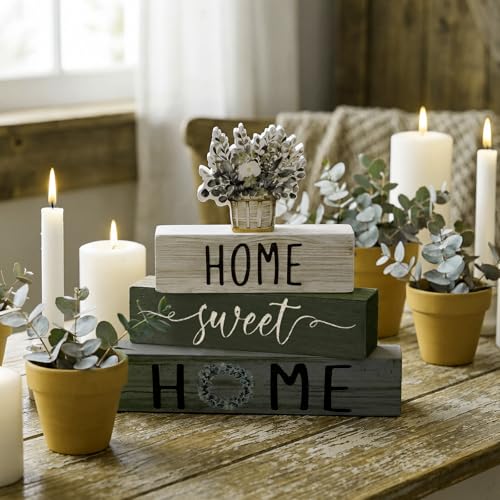 Cinnvoice 4 Pcs Farmhouse Wooden Tabletop Decor Green Eucalyptus Leaves Spring Rustic Tiered Tray Decor Home Sweet Home Ta...