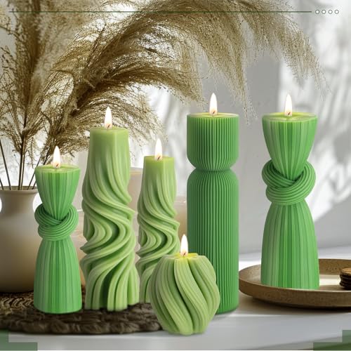 Threlaco 6 Pcs Ribbed Pillar Candles Modern Aesthetic Ribbed Decorative Candle Set Cute Soy Wax Scented Decor for Home(Green)