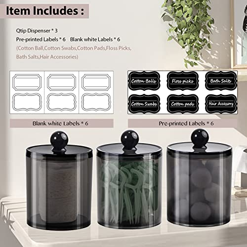 SheeChung 3-Pack Qtip Holder Black,Plastic Qtip Dispenser with Lids,Apothecary Jars with Labels,Minimalist Shatterproof Ba...
